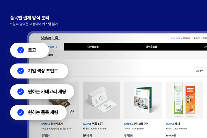 3_it보안_12_기업 전용 온라인 인쇄몰 관리 화면, 품목별 결제 방식과 색상 포인트를 설정할 수 있는 보안 주문 시스템