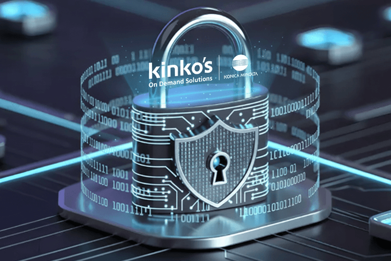 3_it보안_17_디지털 자물쇠 그래픽과 킨코스 로고, 데이터 암호화와 정보 보호 기술을 상징하는 보안 비주얼 이미지