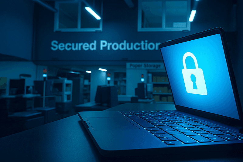 3_it보안_19_보안 아이콘이 표시된 노트북과 보안 제작 지원 센터 전경, 고객의 디지털 자산을 보호하는 킨코스의 정보 보안 시스템 예시