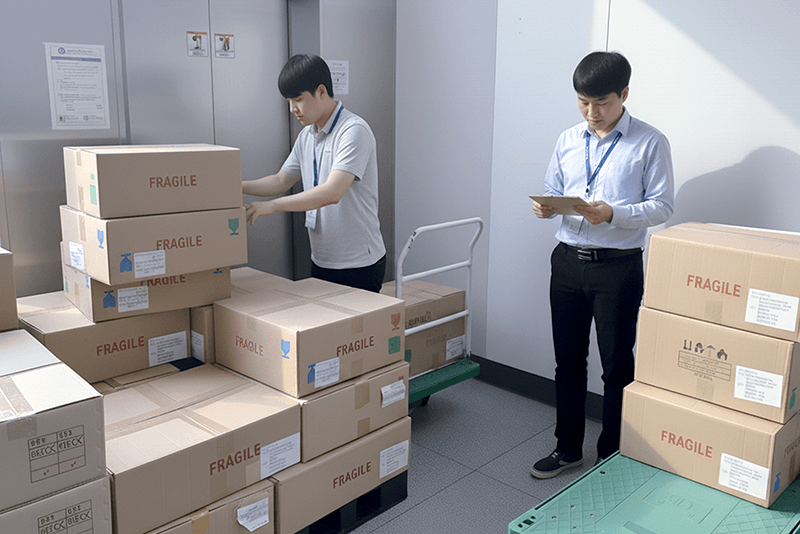 5_센터네트워크_16_킨코스 물류 담당자가 출고용 박스를 검수하고 체크리스트를 확인하는 장면