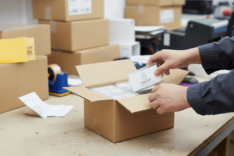 2_포장배송_16_제작 완료된 명함 및 쇼카드를 개별 포장해 배송 준비 중인 모습