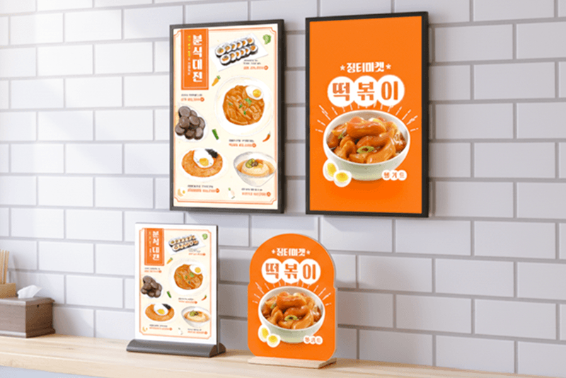 1_생산제작_10_매장 내 메뉴판과 POP가 실제 매장 환경에 설치된 예시, 킨코스에서 제작된 프랜차이즈 맞춤형 출력물 적용 사례
