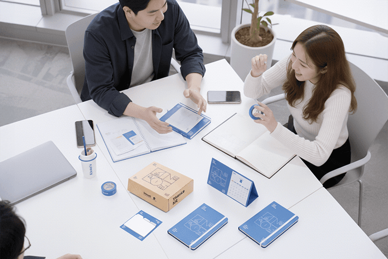 4_인력지원_11_킨코스 직원들이 브랜드 굿즈와 캘린더 키트를 활용해 협업 아이디어를 논의하는 회의 장면, 브랜딩 디자인 솔루션 예시