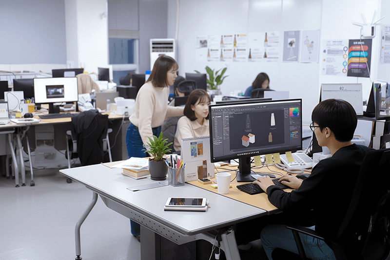 4_인력지원_16_킨코스 디자인팀 사무실 내부, 협업 중인 디자이너들과 그래픽 디자인 작업 장면