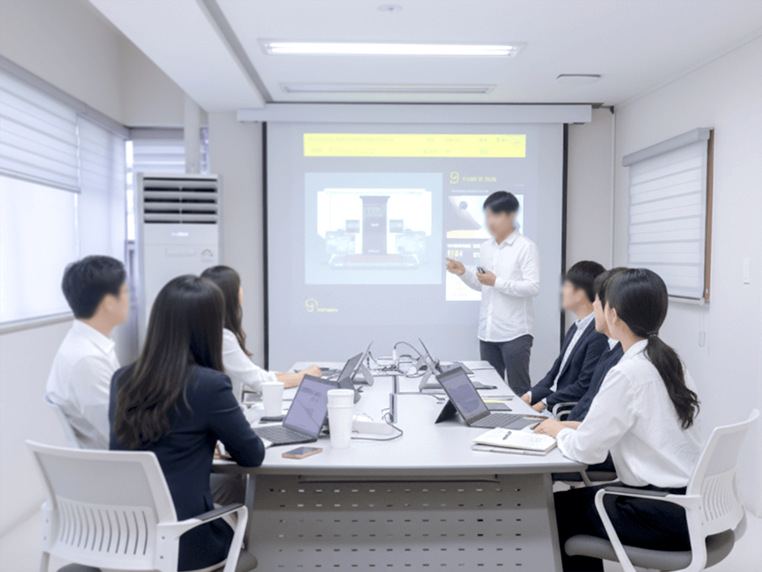 4_인력지원_6_회의실에서 대형 스크린을 통해 고객의 요구사항을 공유하고 솔루션을 논의하는 장면