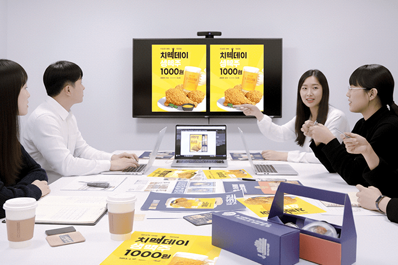 4_인력지원_6_디자인 시안과 인쇄물 샘플을 검토하며 브랜드 캠페인 기획을 논의하는 킨코스 미팅 장면