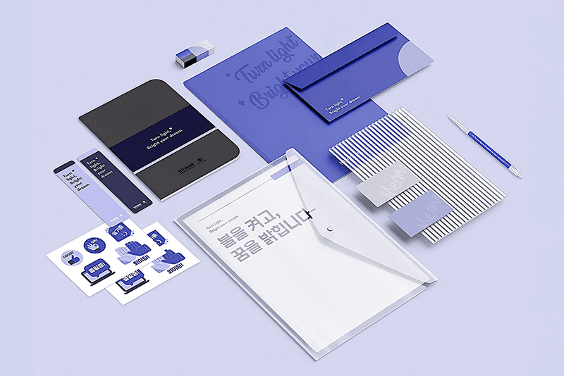 4_인력지원_8_킨코스 로고가 새겨진 다이어리와 캘린더 세트, 기업용 오피스 디자인 키트 구성 이미지